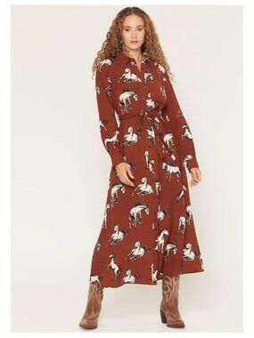 Cotton & Rye Brown White Horse Print Waist Tie Midi Dress Sz L